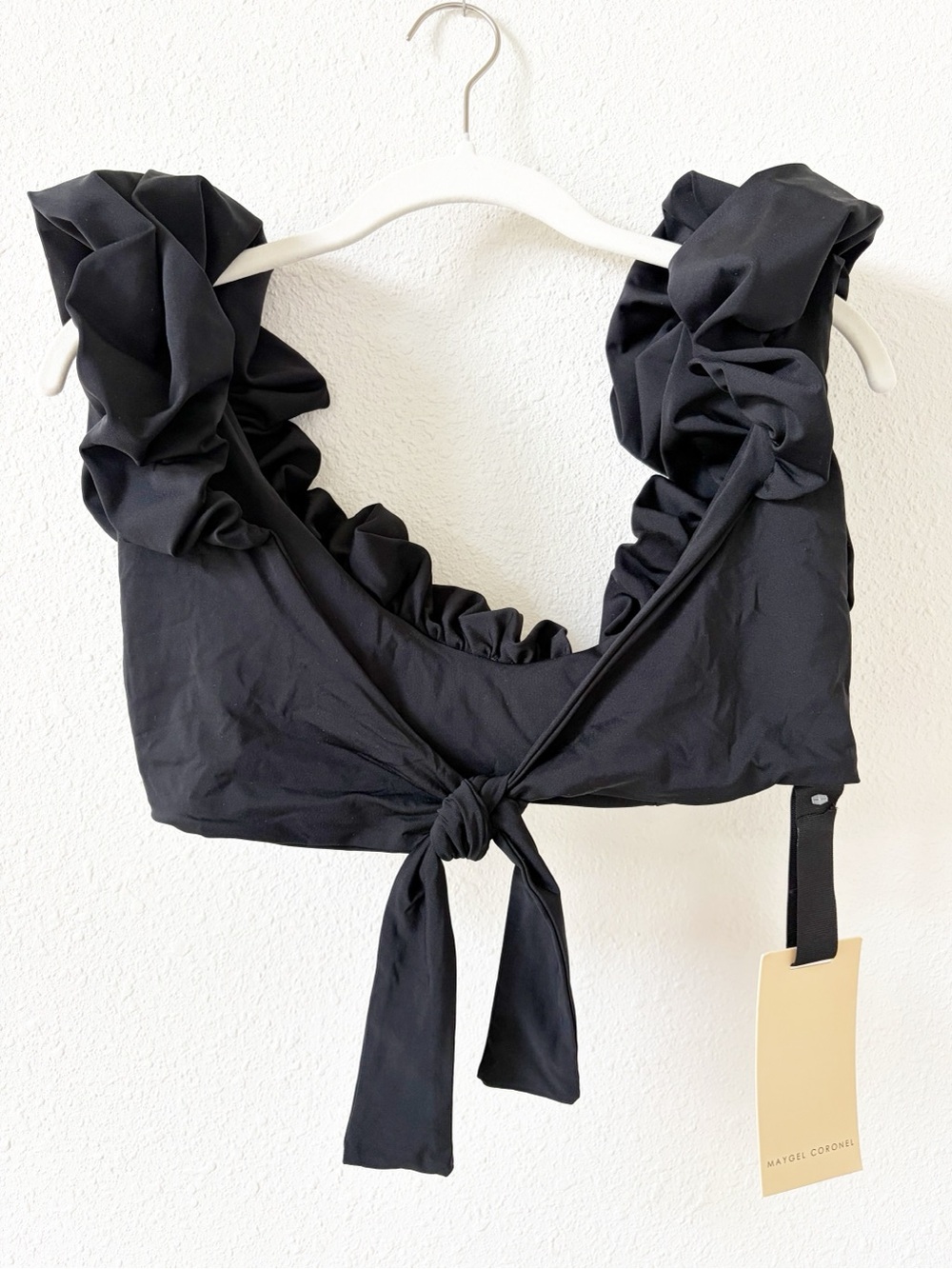 MAYGEL CORONEL Lucila Bikini Top Black One Size Ruffle Beach Travel Resort